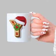Mor Mürekkep Kurabiye Y Harfi Baskılı Beyaz Kupa - Yılbaşı Hediyesi Bardak Fincan Mug