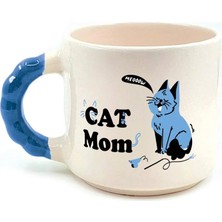 Mor Mürekkep Cat Mom Baskılı Mavi Kulplu Boncuk Kupa - Anneye Hediye Bardak Fincan Mug