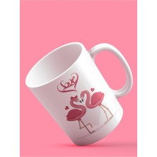 Mor Mürekkep Love Flamingolar Baskılı Beyaz Kupa Bardak Fincan Mug