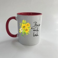 Mor Mürekkep Bismillah Baskılı Kırmızı Içi ve Kulbu Renkli Mega Kupa Bardak Fincan Mug
