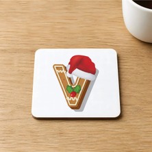 Mor Mürekkep Kurabiye V Harfi Baskılı 9x9 cm Kare Mdf Bardak Altlığı Ahşap