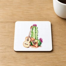 Mor Mürekkep Gitar ve Kaktüs Baskılı 9x9 cm Kare Mdf Bardak Altlığı Ahşap