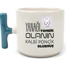 Mor Mürekkep Yanağı Tombik Olanın Baskılı Mavi Kulplu T Kupa Bardak Fincan Mug