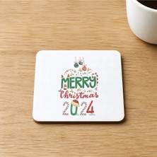 Mor Mürekkep Merry Christmas 2024 Baskılı 9x9 cm Kare Mdf Bardak Altlığı - Yılbaşı Hediyesi Ahşap