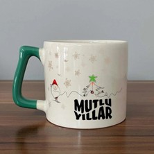 Mor Mürekkep Mutlu Yıllar Kar Taneleri Baskılı Yeşil Kulplu Prime Kupa - Yılbaşı Hediyesi Bardak Fincan Mug