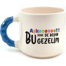 Mor Mürekkep Aşkoooooo Baskılı Mavi Kulplu Boncuk Kupa - Sevgiliye Hediye Bardak Fincan Mug