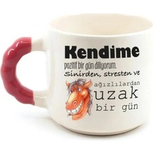 Mor Mürekkep Kendime Pozitif Bir Gün Diliyorum Baskılı Kırmızı Kulplu Boncuk Kupa Bardak Fincan Mug