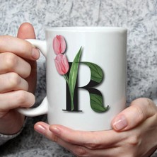 Mor Mürekkep Çiçekli R Harf Baskılı Beyaz Kupa Bardak Fincan Mug