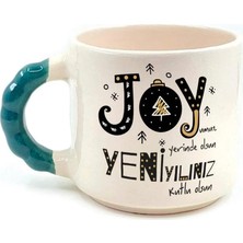 Mor Mürekkep Joyumuz Yerinde Olsun Baskılı Yeşil Kulplu Boncuk Kupa - Yılbaşı Hediyesi Bardak Fincan Mug