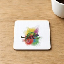 Mor Mürekkep Rengarek Bukalemun Baskılı 9x9 cm Kare Mdf Bardak Altlığı Ahşap
