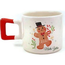 Mor Mürekkep Mutlu Yıllar Kurabiye Adam Baskılı Kırmızı Kulplu Kare Kupa - Yılbaşı Hediyesi Bardak Fincan Mug