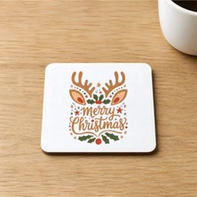 Mor Mürekkep Merry Christmas Geyik Boynuzlu Baskılı 9x9 cm Kare Mdf Bardak Altlığı - Yılbaşı Hediyesi Ahşap