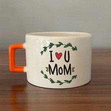 Mor Mürekkep I Love You Mom Baskılı Turuncu Kulplu Kare Kupa - Anneye Hediye Bardak Fincan Mug