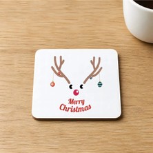 Mor Mürekkep Merry Christmas Geyik Baskılı 9x9 cm Kare Mdf Bardak Altlığı - Yılbaşı Hediyesi Ahşap