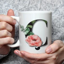 Mor Mürekkep Çiçekli Ç Harf Baskılı Beyaz Kupa Bardak Fincan Mug