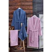 Tabea Home Arya 4'lü Havlulu Bornoz Seti | Pamuklu | Nakışlı | Çeyiz Seti | Indigo