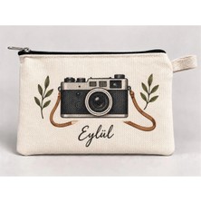 Mor Mürekkep Kişiye Özel Vintage Fotoğraf Makinesi Baskılı Fermuarlı Kalemlik 20X10 cm Kalem Kutusu