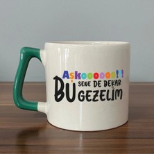 Mor Mürekkep Aşkoooooo Baskılı Yeşil Kulplu Prime Kupa - Sevgiliye Hediye Bardak Fincan Mug