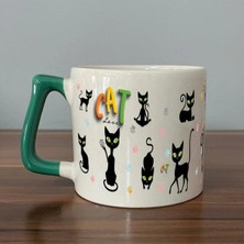 Mor Mürekkep Cat Love Baskılı Yeşil Kulplu Prime Kupa Bardak Fincan Mug