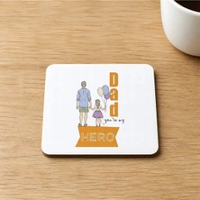 Mor Mürekkep Hero Baba&kız Baskılı 9x9 cm Kare Mdf Bardak Altlığı - Babaya Hediye Ahşap