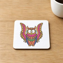 Mor Mürekkep Uçan Baykuş Baskılı 9x9 cm Kare Mdf Bardak Altlığı Ahşap