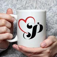Mor Mürekkep Kalpli P Harf Baskılı Beyaz Kupa Bardak Fincan Mug