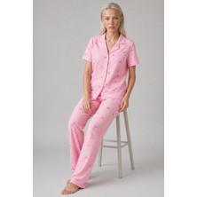 Ekose Fiyonk Desenli Kısa Kollu Pijama Takımı Kadın Düğmeli Uzun Alt Pembe Pijama Takımı 4633