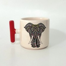 Mor Mürekkep Fil Baskılı Kırmızı Kulplu T Kupa Bardak Fincan Mug Model 00289