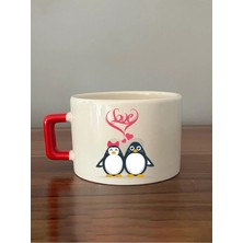Mor Mürekkep Love Penguenler Baskılı Kırmızı Kulplu Kare Kupa Bardak Fincan Mug