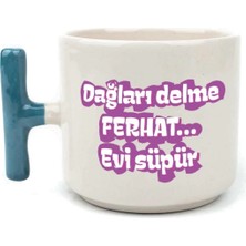 Mor Mürekkep Dağları Delme Ferhat Evi Süpür Baskılı Mavi Kulplu T Kupa - Kadınlar Günü Hediyesi Bardak Fincan Mug