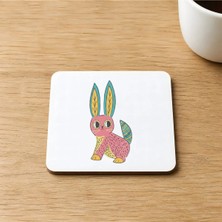 Mor Mürekkep Tavşan Baskılı 9x9 cm Kare Mdf Bardak Altlığı Ahşap