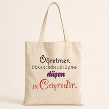 Mor Mürekkep Öğretmen Öğrencinin Gülüşüne Düşen Ilk Cemredir Baskılı Bez Çanta - Öğretmene Hediye Omuz Çantası