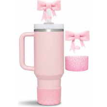 Pembe Simli Silikon Termos Taban Koruyucu ve Fiyonk Pipet Tıpası Seti