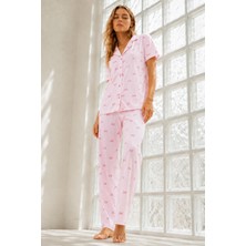 Kadın Genç Loose Ipliği Boyalı Pembe Pijama Takımı