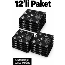 Herşey Nota 12’li Siyah Denizci Desenli Fular Seti %100 Pamuk 52X52 cm Günlük Kullanım Etkinlik Aksesuarı
