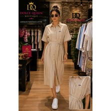 Dolce Queen Kadın Bej Çizgili Pamuklu Cotton Kuşaklı Midi Gömlek Elbise