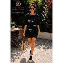 Dolce Queen Kadın Pamuklu Cotton Baskılı Oversize Mini Tişört Elbise
