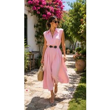 Dolce Queen Kadın Pembe Kemer Görünümlü Uzun Elbise