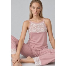 Kadın Dantelli Relaxed Pembe Pijama Takımı 4742
