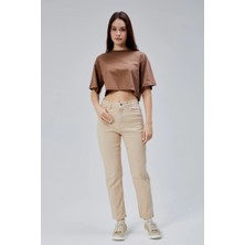 Geenz Manifacture Camel Bej Yüksek Bel Likralı Esnek Mom Jeans
