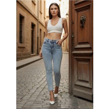 Geenz Manifacture Defne Kar Yıkama Açık Kar Mavi Yüksek Bel Dar Paça Skinny Likralı Kot Pantalon