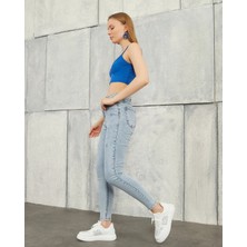 Geenz Manifacture Kar Mavi Yüksek Bel Dar Paça Power Likra Toparlayıcı Lazer Yırtık Detaylı Süper Skinny Likralı Jean