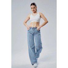 Geenz Manifacture Kar Mavi Widge Leg Baggy Yüksek Bel Ayarlanabilir Bel Tokalı Kadın Kot Pantolon Palazzo Jean