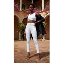 Geenz Manifacture Kadın Beyaz Ngbutika Full Likralı Yüksek Bel Skinny Jean Pantolon (Toparlayıcı)