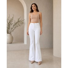 Geenz Manifacture Beyaz Likralı Ispanyol Paça Yüksek Bel Pantolon Esnek Jeans