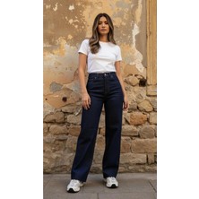 Geenz Manifacture Sumeye Dark Blue Koyu Lacivert Wide Leg Kesik Paça Likrasız Palazzo Salaş Jeans Pantolon