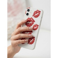 iPhone 12 Kırmızı Dudak / Öpücük Desenli Şeffaf Telefon Kılıfı
