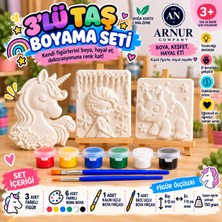 Arnur Company 3'lü Büyük Taş Tablo Boyama Seti | 6 Farklı Renk Boya + 2 Fırça | Çocuk Hobi, Aktivite ve Dekorasyon Seti