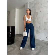 Hies Kadın Jeans Bol Paça Yüksek Bel Likralı Salaş Palazzo Kot Pantolon - Lacivert