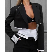Kadın Detaylı Crop Blazer Ceket ve Geniş Paça Pantolon Takımı